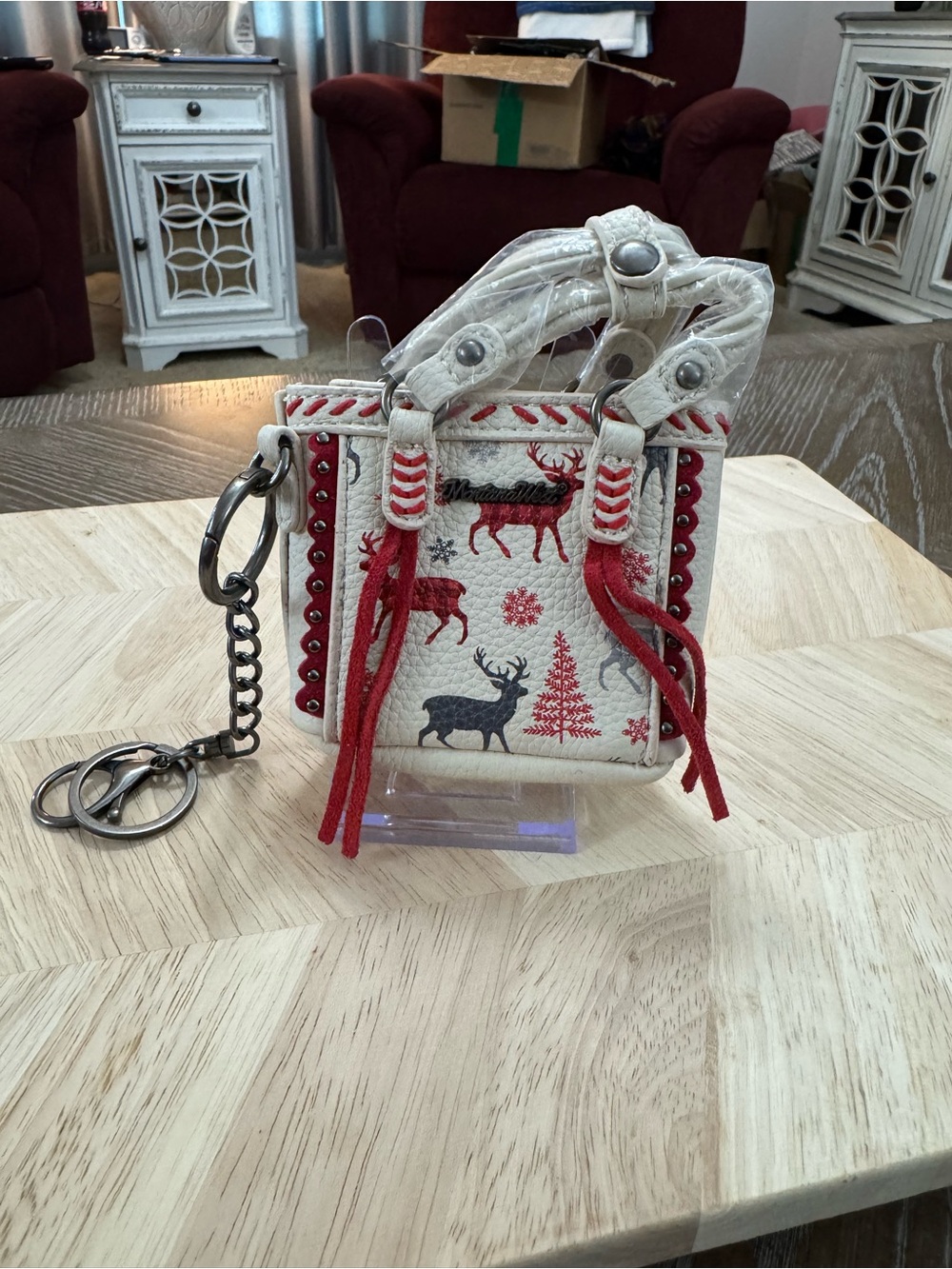Montana West Women's Mini Holiday Tote Keychain - White and Red